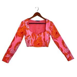 ZARA Pink/Orange Floral Long Sleeve Sweetheart Neck Bloggers Fav Crop Top Size L
